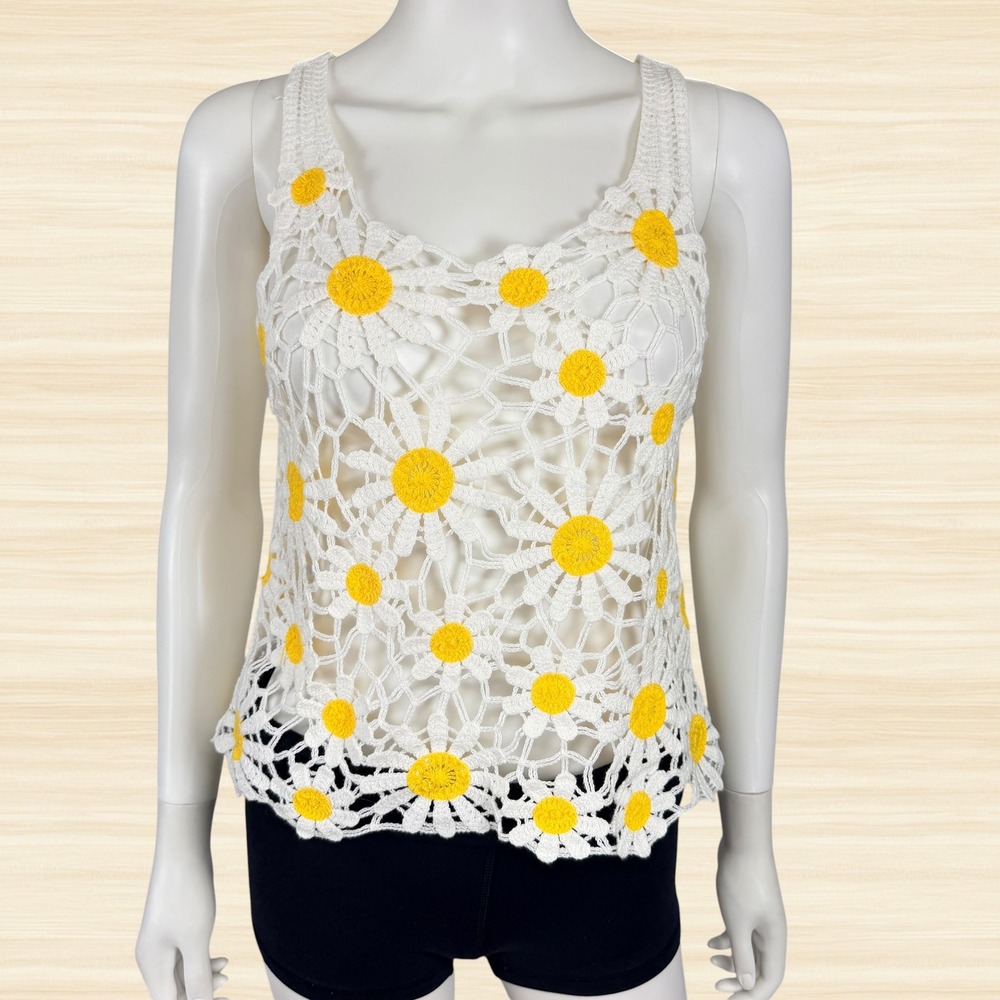 Altar'd State Crochet Daisy Tank Top Yellow White Festival Cottagecore Floral